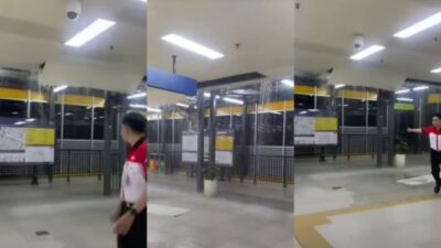 Hujan membuat Atap Bangunan Penghubung Stasiun Cawang LRT Jabodebek Jebol